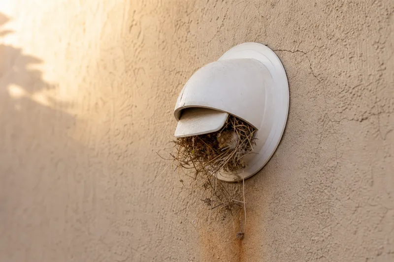 Exterior dryer vent hood with dried grass and twigs wedged in the flap, a sign of bird nesting