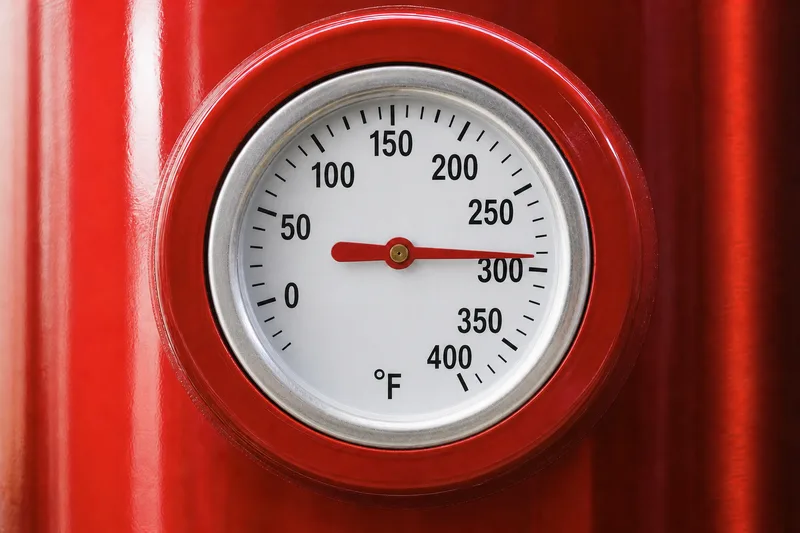 Thermometer gauge reading in the high range, illustrating an overheating dryer