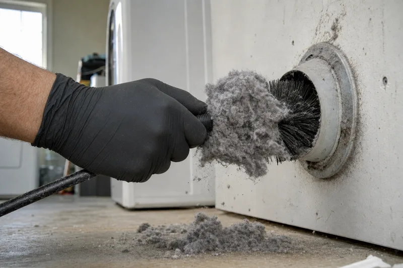 Technician removing lint from a residential dryer vent duct in Gilbert, AZ